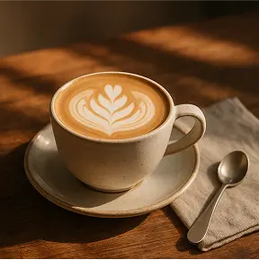 A close-up of a ceramic cup with a latte and delicate leaf-shaped foam art, placed on a rustic wooden table. Soft morning sunlight falls diagonally across the surface, casting warm shadows. Minimalistic setup with a linen napkin and small spoon nearby. Background softly blurred.