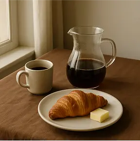 A breakfast scene with a filter coffee in a glass server, a small ceramic mug, and a plate with a croissant and butter. Everything sits on a brown tablecloth beside a window. Bright but soft natural light, subtle shadows, and an overall quiet morning vibe.