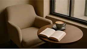 A quiet café corner with a beige armchair and a small round wooden table. On the table — a cappuccino in a matte cup and an open book. Natural window light illuminates the scene. Neutral tones, cozy atmosphere, no people, just the setting.