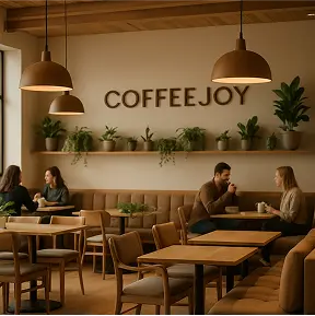 A wide view of the CoffeeJoy interior — wooden furniture, soft cushions, warm pendant lights, and green plants on shelves. A few people in the background enjoying coffee, blurred slightly to focus on the space. Overall mood: warm, welcoming, and design-conscious.