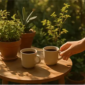 Two coffee cups on a small round table outdoors, surrounded by potted plants and greenery. The table is wooden, with sunlight filtered through leaves. Minimal accessories — perhaps one hand reaching for the cup, the rest of the scene calm and framed in warm tones.