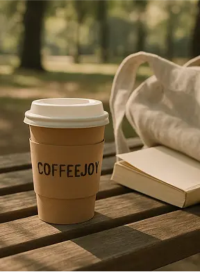 A takeaway coffee cup with a kraft sleeve and CoffeeJoy branding placed on a wooden bench in a park. Nearby — a linen tote bag and a book partially sticking out. Early morning sunlight filters through the trees, creating soft, dappled shadows. Natural, earthy tones. Calm, slow-morning mood with no people in frame.