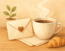 Generate a soft, friendly illustration or photo-style image representing email subscription success for a coffee brand. Show a steaming coffee cup next to an envelope with a small heart or coffee bean seal, placed on a wooden table or neutral background. Soft natural lighting, warm beige and brown tones. Add subtle props like a small plant, napkin, or croissant to create a cozy mood. No text on the image. Keep the composition light and welcoming, suitable for use in a small modal window.